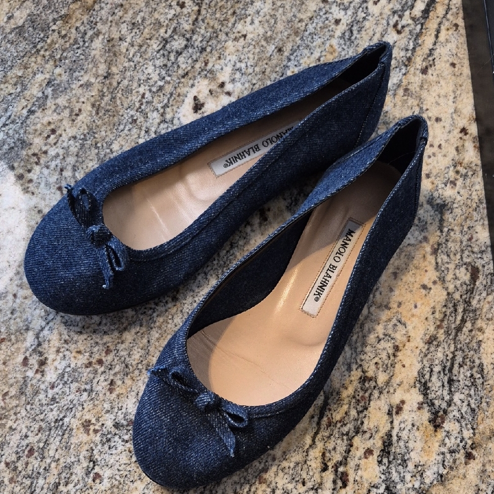 Manolo Blahnik Denim Blue Ballet Flats